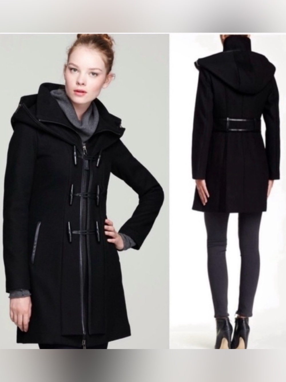 Mackage Black Hooded Wool-Blend Toggle Pea Coat